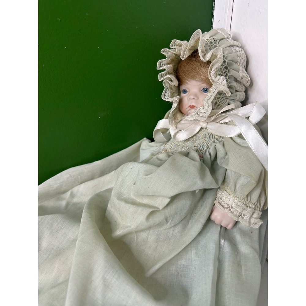 Vintage Porcelain Baby Doll Mint Green Smocked Lace Gown Bonnet Collectible